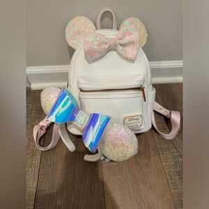 Disney White Minnie Mouse Pink Iridescent Sequin Ears Backpack and Headband
